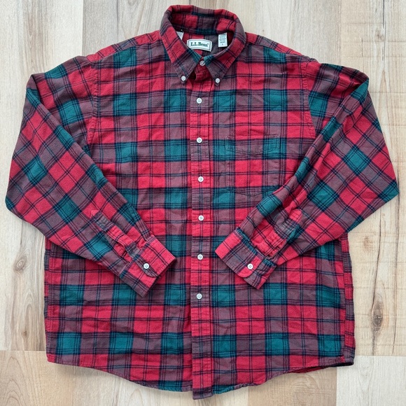 Vintage LL Bean Plaid Flannel Button Down Shirt Red Green Mens Large - Picture 1 of 12